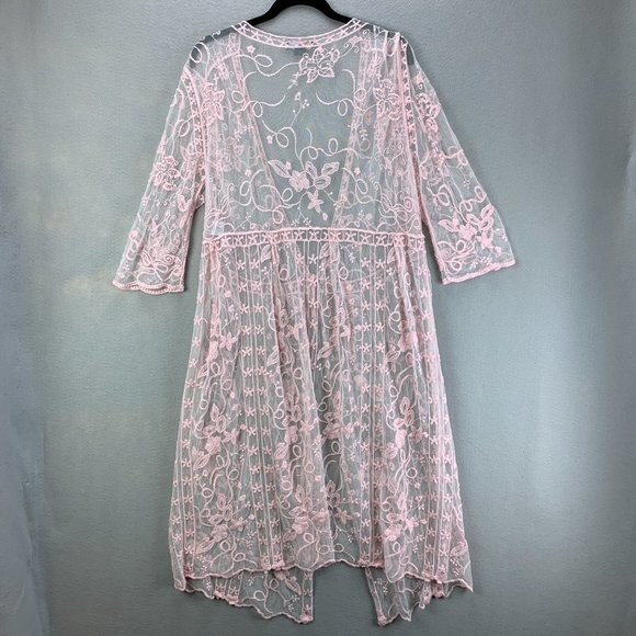**SOLD**Indigo Poppy Duster Womens S/M Pink Boho Lace Kimono Floral Topper - Picture 4 of 12